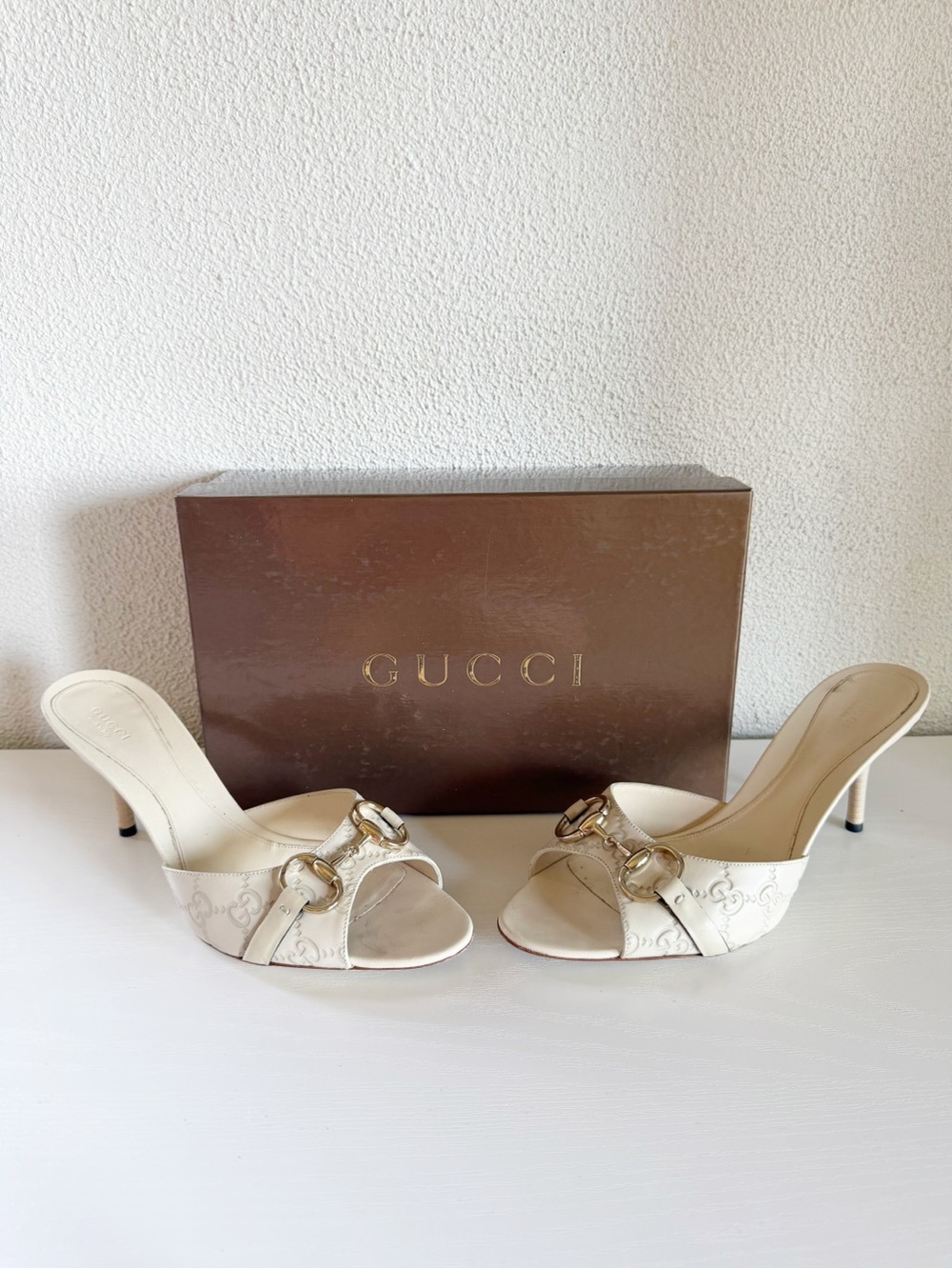 Gucci White Guccissima GG Horsebit Leather Mule Heels Size 10B Mystic White - Picture 2 of 14